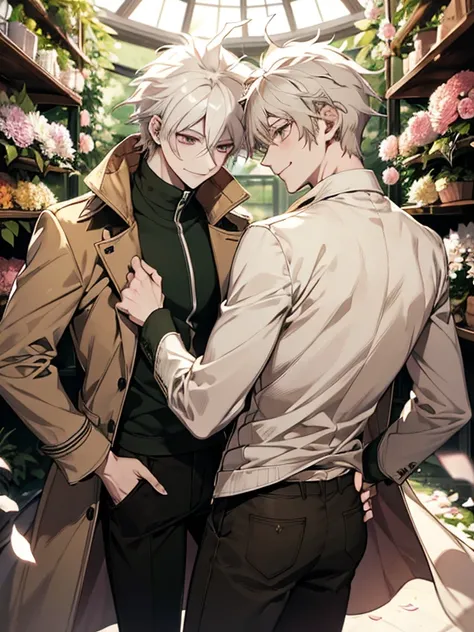 Ultra detailed, Highres, absurdres, HDR, Komaeda Nagito, white hair, silver eyes, Hinata Hajime, light brown hair, Danganronpa, green long coat, white tight t-shirt, black pants, smirking, green leaves, summer, flowers and petals, handsome, 2 man together,...