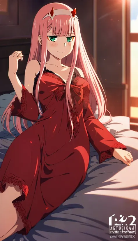 anime girl zero two from darling in the franxx, with green eyes and a horn, long hair with bangs, lying on a bed and blushing wh...