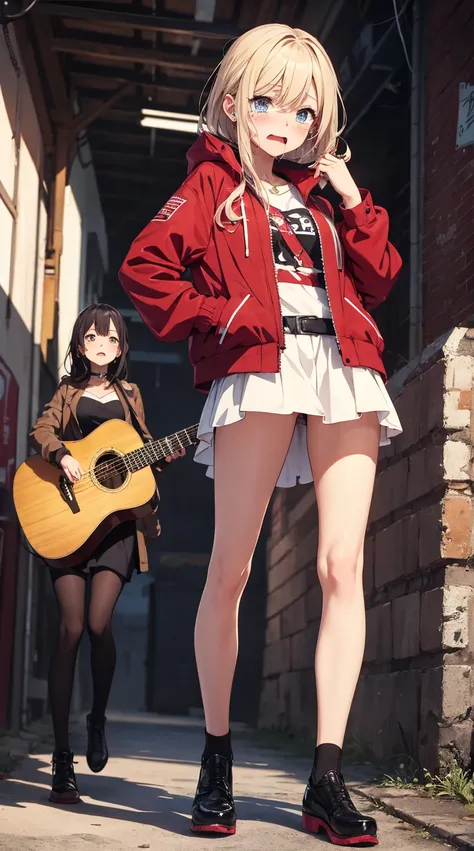 masterpiece,8k,top quality,full body:1.4,a girl in a red jacket, anime visual of a cute girl,crying mouth,with base guitar,girls  band cry,