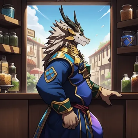 On the counter of a store filled with glowing potions，A giant dragon dressed in tight medieval clothing，There is a huge bulge，Greet you with a welcoming smile，side view