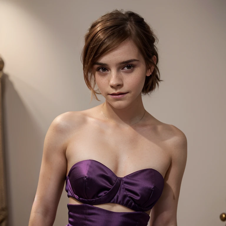 Emma Watson in a violet strapless dress with a v-neckline