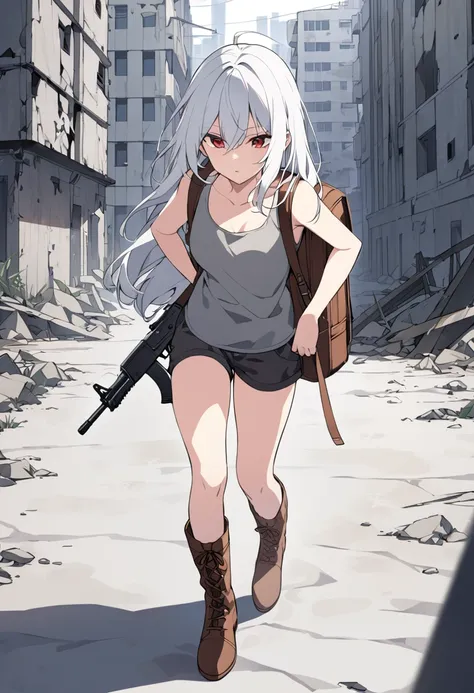 Woman, long white hair, red eyes, long brown boots. dark gray shorts Wearing a thin gray tank top, disheveled condition, carrying a brown backpack, holding an AK47 gun, deserted city.