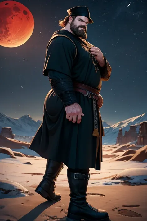 David Harbour, very detailed image, master piece, epic composition, perfect fingers, perfect hands, handsome, snow, right anatomy, chubby, 4k, perfect feets, perfect legs, (very short messy hair), ancient desert, ancient desert clothes tunic beduin, ((big ...