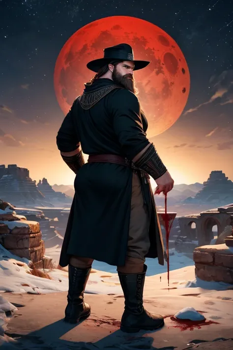 David Harbour, very detailed image, master piece, epic composition, perfect fingers, perfect hands, handsome, snow, right anatomy, chubby, 4k, perfect feets, perfect legs, (very short messy hair), ancient desert, ancient desert clothes tunic beduin, ((big ...