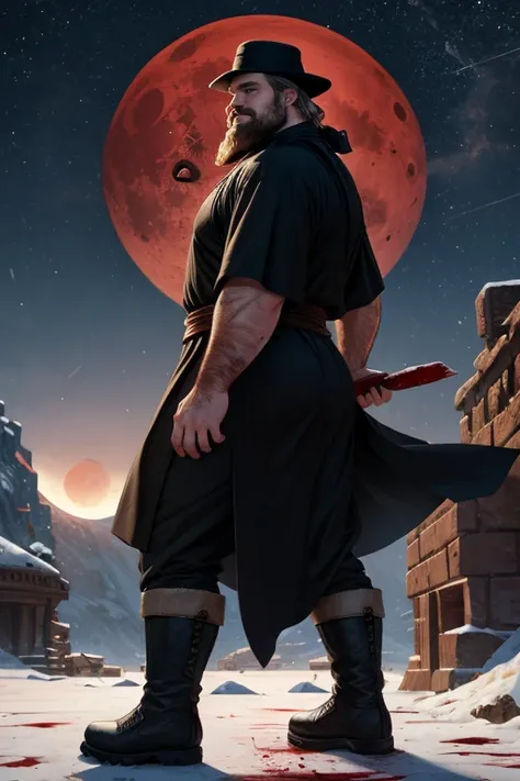 David Harbour, very detailed image, master piece, epic composition, perfect fingers, perfect hands, handsome, snow, right anatomy, chubby, 4k, perfect feets, perfect legs, (very short messy hair), ancient desert, ancient desert clothes tunic beduin, ((big ...