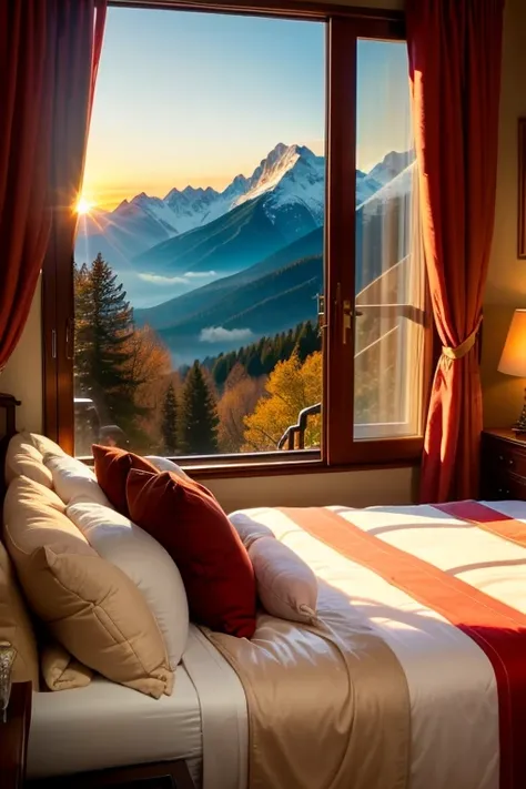 "A luxurious bedroom with elegant furnishings, a plush king-size bed adorned with silky linens and fluffy pillows, and large French windows revealing a breathtaking view of a serene mountain landscape bathed in the soft glow of the morning sun