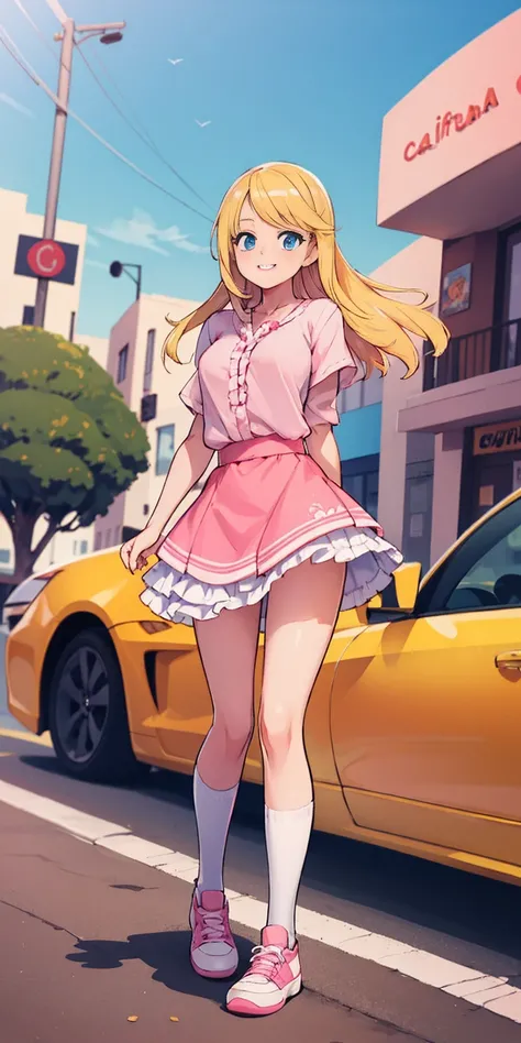 beautiful, (masterpiece:1.2), (best quality:1.2), Beautiful 10-year-old white girl with blue eyes, long swept-back straight blond hair, Happy), Pink and white frilly miniskirt, pink shirt, pink socks, white sneakers, California City background, daylight.