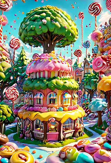 general shot: 1.5, ((city of sweet cake and candy buildings: 1.7)), (( candies, tree-shaped lollipops, donut-shaped sun, beautif...