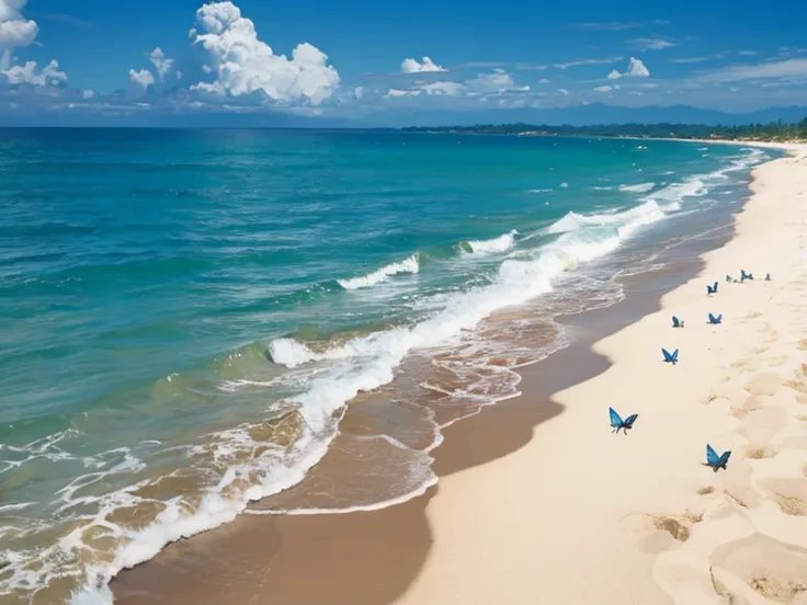 painting,
Five blue butterflies floating on clear water. Big butterfly and small butterfly, rippling, Light white sand beach background, minimalist style. I can&#39;t believe how beautiful it is, With 32K HD quality sun effect
