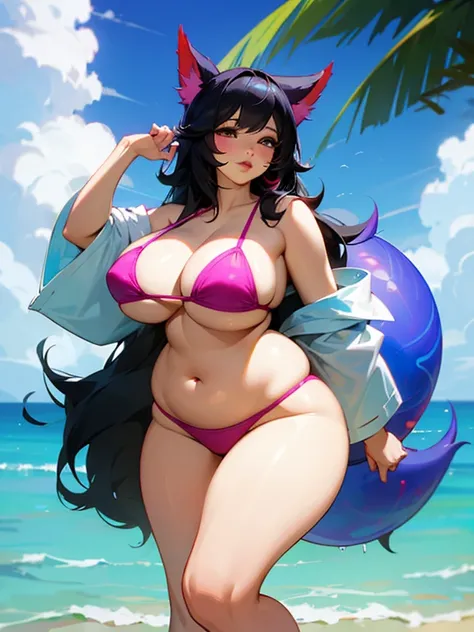 Ahri, big lips bikini, bbw, Big round belly, obese, long black hair