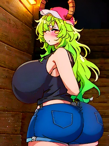 Lucoa, 1girl, solo, closes eyes, demon horns, (gigantic breasts:1.10), pink headwear, black tank top, denim shorts, black thighhighasterpiece:1.2, best quality:1.2, beautiful, high quality, highres:1.1, aesthetic), detailed, extremely detailed, ambient sof...