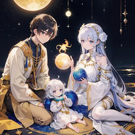 Family photo of the son of the Sun and the daughter of the moon with their baby resembling Earth.