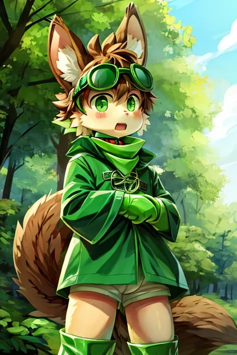 boy, furry, blown squirrel ears, animal ear fluff, bodyfur, blown squirrel tail, green goggles, green club budge, green neckerchief, green salior collar, green cloak, light green polo shirt, short sleeves, green shorts, green rubber gloves, green wellingto...