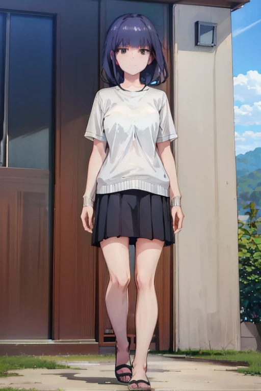 highres, 1girl, black hair, black eyes, small breasts, white shirt, knee-length skirt, detailed face, ruins background