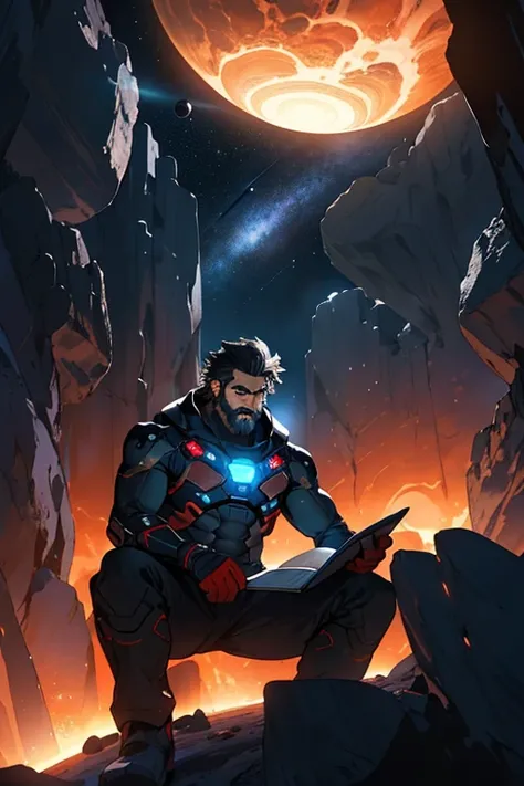 Drawing a young super busty programmer, Sitting on a floating research platform in the middle of an asteroid belt. he is studying using a notebook, Surrounded by several asteroids that glow with a fiery aura. Dramatic lighting from distant stars and planet...