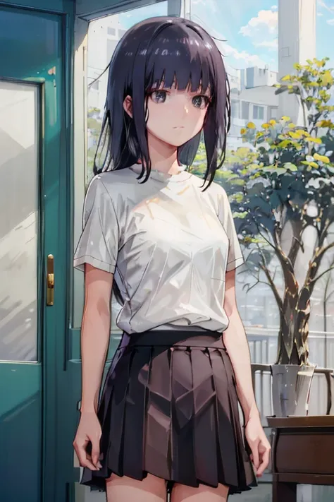 (best quality:1.4), highres, 1girl, black hair, black eyes, small breasts, white shirt, knee-length skirt, detailed face,