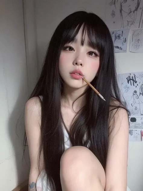 Chica araffe con largo cabello negro sentada en una cama con un cigarrillo en la boca., cruel korean gothic girl, ulzzang, muchacha coreana, chica anime en la vida real, peinado de corte hime blanco, flequillo largo y recto, she has black hair con flequill...