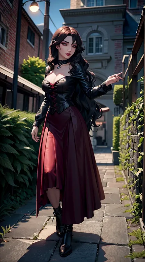 (Dhampir)((masterpiece, best_quality)), Dark Fantasy Setting, 1girl, (photorealistic:1.4), solo, skirt, ((full_body)),(pale skin,sexy vampire,((black wavy hair with red underneath))),(sexy witch outfit),1girl,illustration,ultra-detailed,(best quality,4k,8k...