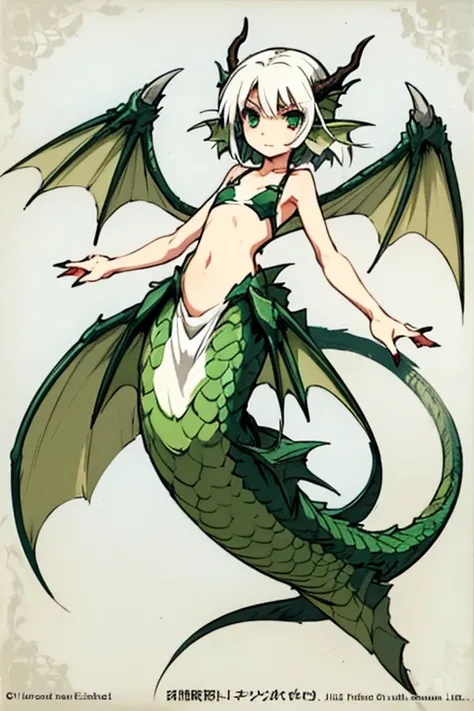 Woman with a dragon&#39;s lower body、2 Men Arms、Dragon&#39;s Tail、long nails、white scales、floating、delicate、delicate face、Dragon wings、dragon horn、flat chest、Noble clothes、sharp eyes、Super high quality