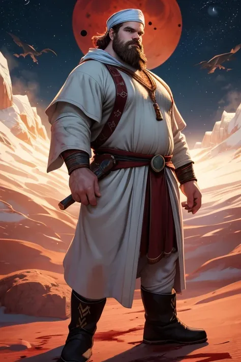 David Harbour, very detailed image, master piece, epic composition, perfect fingers, perfect hands, handsome, snow, right anatomy, chubby, 4k, perfect feets, perfect legs, (very short messy hair), ancient red desert, ancient desert clothes tunic beduin, ((...