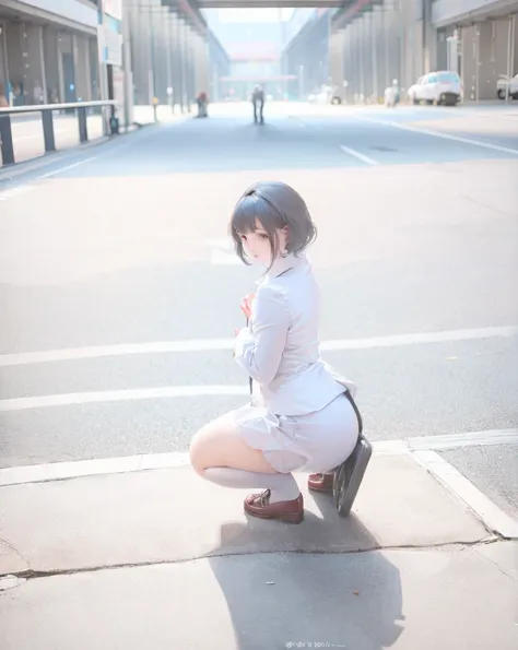 masterpiece, best quality, high quality, High resolution, 1 girl, alone, short hair，thigh, Squatting， Butt facing the camera，Plump figure，，Uniforms，Clothes Damaged