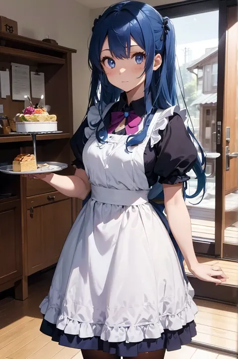 A long-haired woman with blue hair and slightly purplish blue eyes, dressed as a maid, is standing holding a tray. 