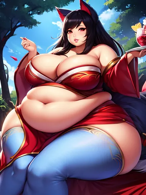 Ahri, big lips, red dress, bbw, Big round belly, obese, long black hair