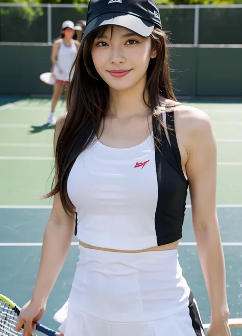 hancock 1, boa hancock, From Ammy One Piece, long hair, black hair, bangs, ponytail, beautiful, beautiful woman, perfect body, perfect breasts, Wear tennis wear, Wearing a tennis cap, on the tennis court, Hold a Racquet Tennis, looking at the audience, sli...