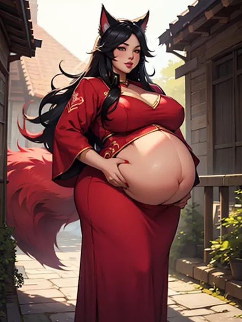 Ahri, big lips, red dress, bbw, Big round pregnant belly, obese, long black hair