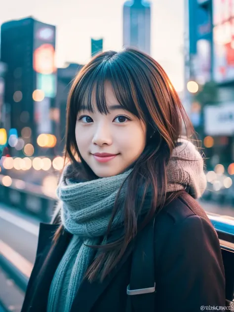 photorealistic, 8k full-length portraits, Beautiful woman, A charming expression, Clear system, 20-year-old, Tokyo, winter, Shibuya in the background