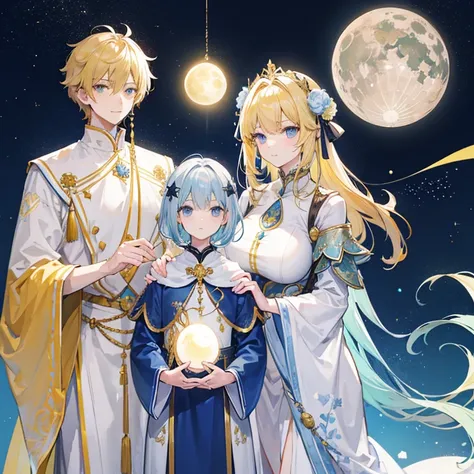 Family photo of the bright father Sun, the calm and mysterious mother Moon, and their beautiful daughter who resembles Earth. Father: resembles the Sun, tall, male, sweet looking, blond or yellow hair, looks like good dad. Mother: resembles the calm myster...