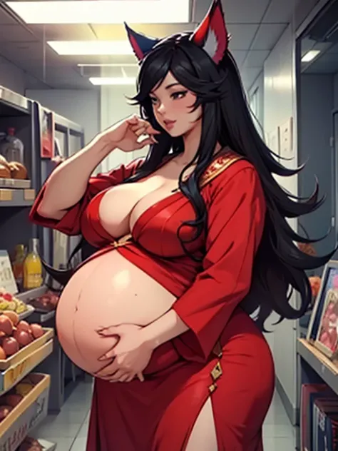 Ahri, big lips, red dress, bbw, Big round pregnant belly, obese, long black hair