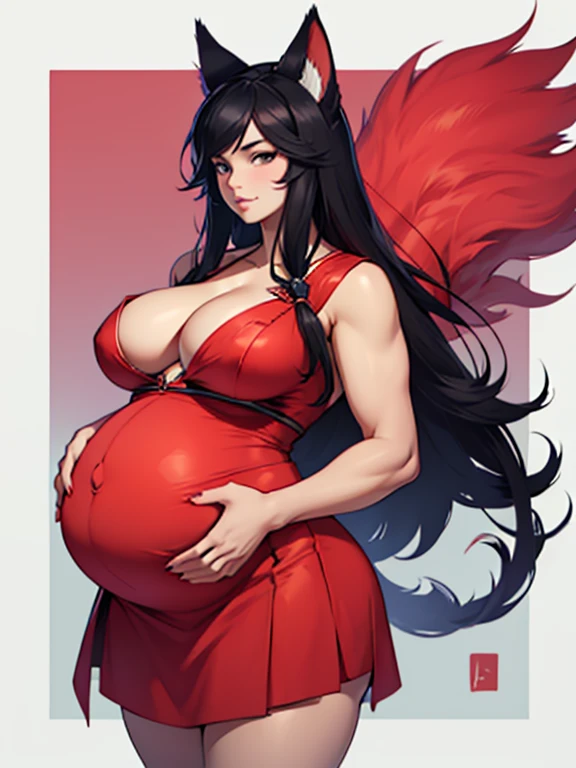 Ahri, big lips, red cocktail dress, bbw, Big round pregnant belly, obese, long black hair