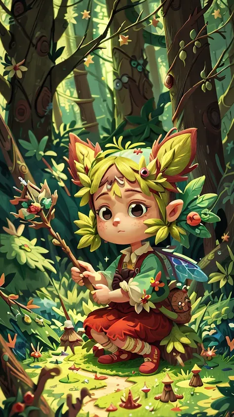  playing fairy stick, night forest, holding fairy stick, happy, happy, perfect quality, clear focus, (Masterpiece: 2.1) (Realistic: 1.2) (Bokeh) (Best quality) (Detailed skin: 1.3) (Intricate details) (8K) (Detail eyes) (Sharp focus) 2.1