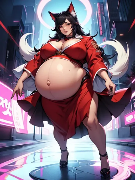 Ahri, big lips, red formal dress, bbw, Big round pregnant belly, obese, long black hair