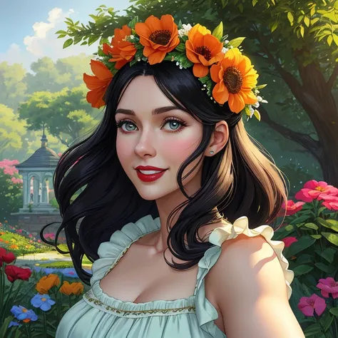 Adorable, mature Woman,detailed big-eyed woman, round face. promenent red lips. Smileing,In the garden, large ass, wearing a cute floral sun dress. flower crown, Flower belt draped around waist. Picture from the side,looking at the scenes, intense colors, ...