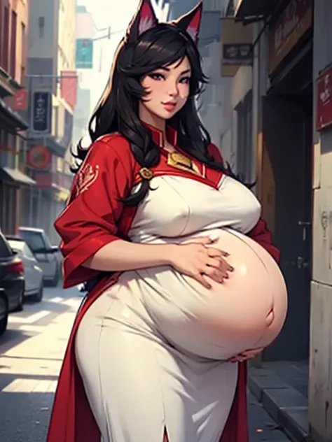 Ahri, big lips, formal dress, bbw, Big round pregnant belly, obese, long black hair