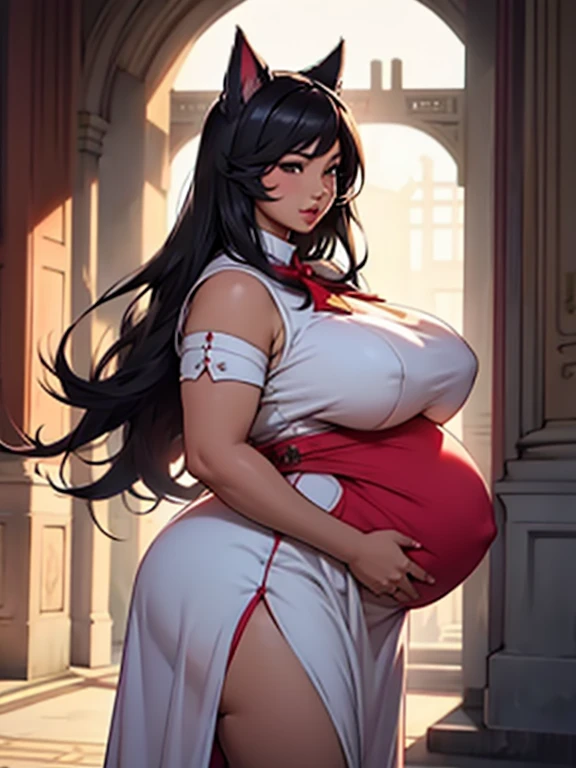 Ahri, big lips, formal dress, bbw, Big round pregnant belly, obese, long black hair, imperial palace