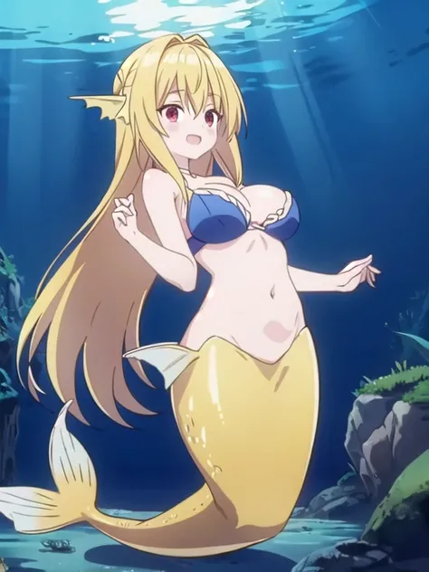 underwater, sea, mermaid, yellow mermaid, long mermaid tail below waistline, long hair, blonde hair, red eyes, happy, blush, large breasts, bra, 