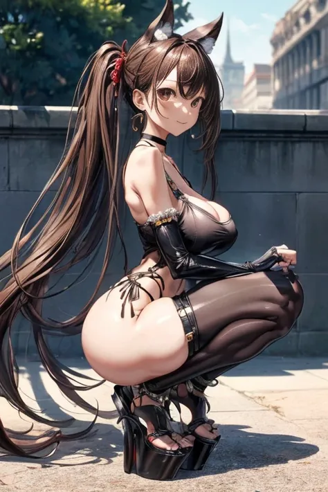 Masterpiece, best quality,1 girl,young girl,brown eyes,long hair,Mezukaki smiled.,Shiny skin,(The legs are long.:1.3),thick thighs, Thin waist, huge breasts
Take a break
, black_body suit, high waist_shorts, Platform_sandals, chain_choker_necklace, Put on ...