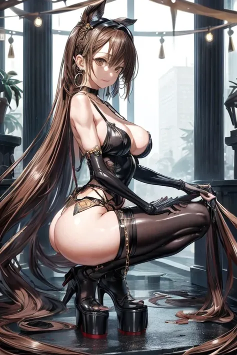 Masterpiece, best quality,1 girl,young girl,brown eyes,long hair,Mezukaki smiled.,Shiny skin,(The legs are long.:1.3),thick thighs, Thin waist, huge breasts
Take a break
, black_body suit, high waist_shorts, Platform_sandals, chain_choker_necklace, Put on ...