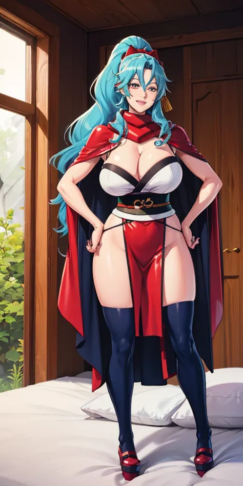 blush, smileglowing aura, natural light, masterpiece, glossy skin, juicy lips, sexy, hot, cleavage, evil,juicy lips, bimbo, ((Tomoe)), hour glass body figure, hands on hips, blue hair, wide eyes, red eyes, red scarf, massive, ponytail, dark lighting, long ...