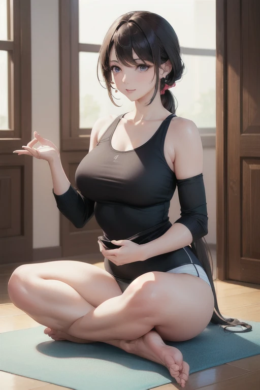 (Masterpiece, Highest quality, best quality, official art, beauty and aesthetics: 1.2), A mature woman who is extremely gentle and cute. (1 girl), yoga clothes, yoga class, yoga mat, Double eyelids, round chin, Delicate Clavicle