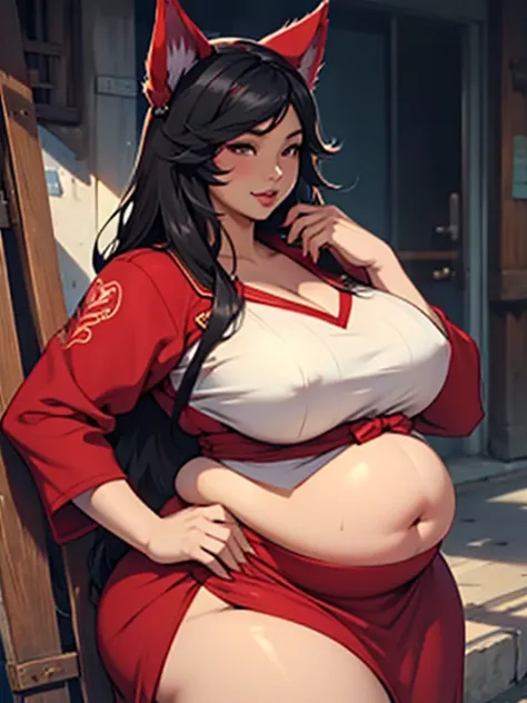 Ahri, big lips, red dress, bbw, Big round belly, obese, long black hair