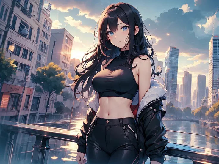 top quality、Top image quality、​Masterpiece、teenage girl((Black tweed coat、black sports bra、black pants、holding a can of coffee、18 years old、 Ajer、best bust、big bast,beautiful light blue eyes, long black hair、A slender one,Oyama Valley、Reflect the whole bod...