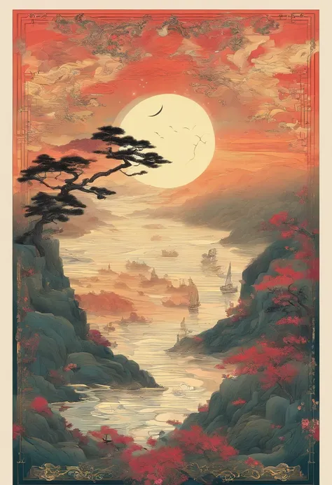 A poet who drinks to the month，Tang dynasty style，Ultra-long-distance viewing angle，The moon is shining，Poet on the cliff，Holding a wine glass，Ultra-long-distance viewing angle