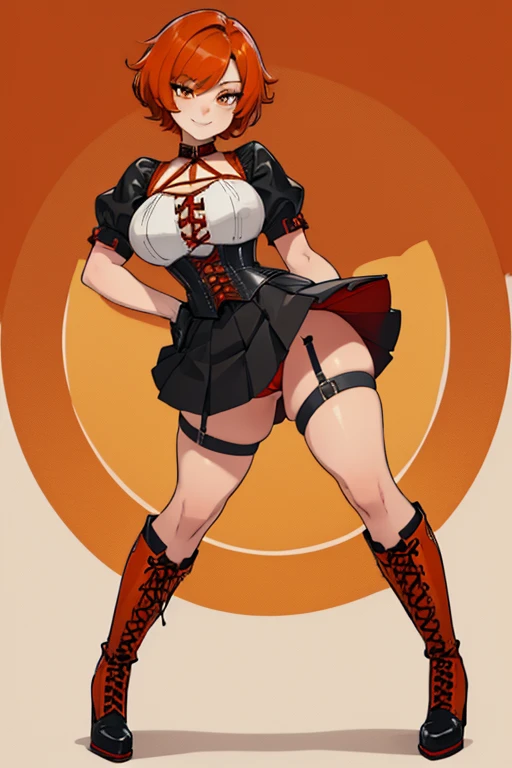 female, red short hair with yellow highlights, orange eyes, (((1girl))), (((orange corset with red trim))), (black gloves), (black lace up boots), (black belt), (white stockings), (black skirt), cute and sexy, large breasts, large butt, full body, long leg...