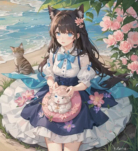 1 girl, animal ears, blue eyes, brown hair, wing, alone, long hair, blush, Cat ears, flower, looking at the viewer, Braid, bow, dress, pink flower, hair bow, hair ornaments, bangs, Cat, hair flower, animal earsの綿毛, holding, Virtual YouTuber, blue bow, hold...