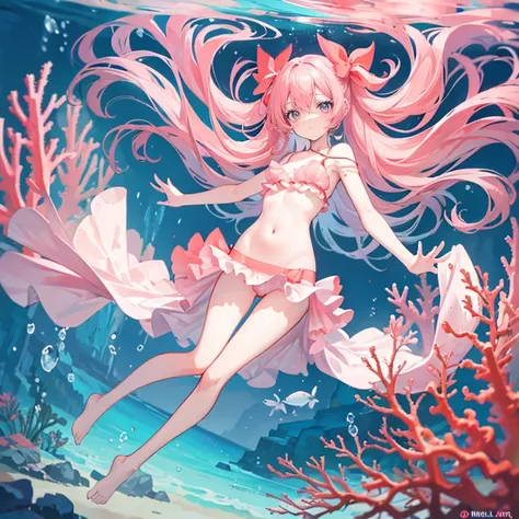 Coral pink hair，long hair，hair over one eye，gray eyes，multiple hair bows，cute，girl，Ultra-thin waist，Ultra-thin legs，swimsuit，No shoes on your feet，whole body，stand on the ground，Does not expose fingers，The background is underwater，Undersea coral reefs