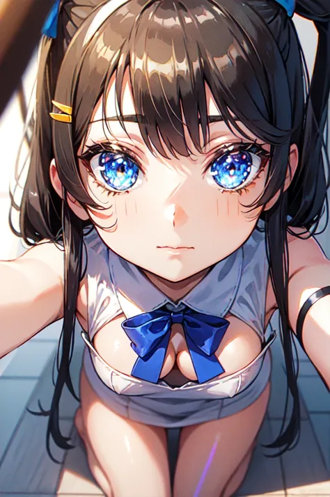 full body, twin tails, black hair, air ornament, white dress, blue bowtie, cleavage cutout, blue ribbon, arm ribbon, short dress, white gloves, barefoot, blue bow, blue bowtie, bow, bowtie, cleavage, cleavage cutout, clothing cutout, dress, gloves, pencil ...